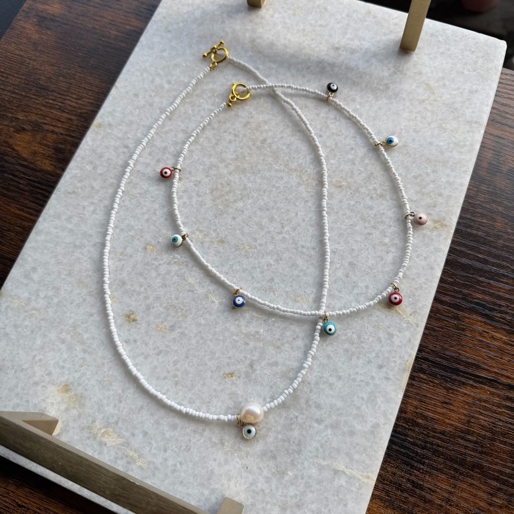 Layered Evil Eye Necklace Bundle Freshwater Pearl Gold Details 2 Piece Set - Picture 2 of 5